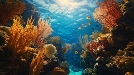 Obraz premium Vibrant coral reef teeming with colorful fish and marine life, showcasing stunning underwater landscape filled with diverse corals and plants