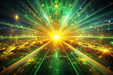 Fototapeta premium Abstract Green & Golden Cosmic Rays: Fantastic Space Background, 3D Fractal Art, Tilt-Shift Effect
