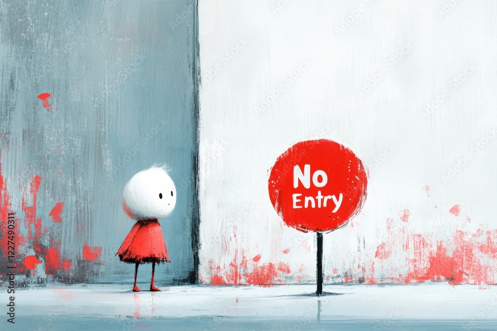 Poster A colorful flat design of a â€œNo Entryâ€ sign placed in front of a doorway, with a curious figure peeking in from the side, symbolizing exclusion on a white canvas