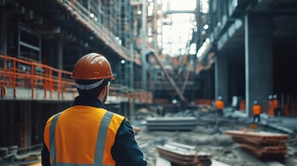 Construction Worker Overlooking a Busy Site with Heavy Machinery and Workers Wearing Safety Gear