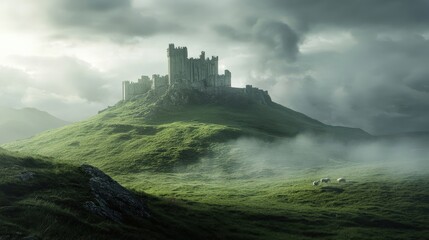 Mysterious castle on a hill surrounded by fog and lush green fields, creating an enchanting fantasy landscape.
