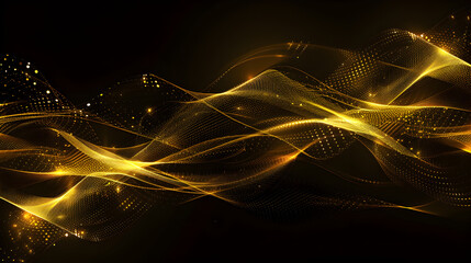 Abstract golden wave design with light effects on a dark background.