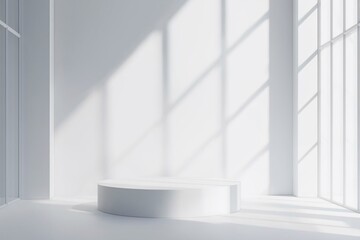 Fototapeta premium Bright, minimalistic interior with geometric podium casting shadows in a spacious, sunlit room