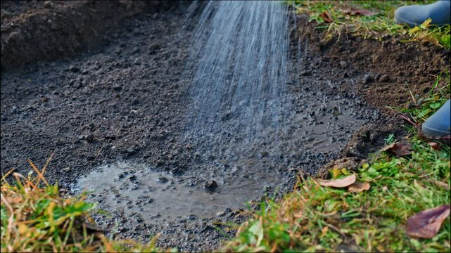 Watering empty flowerbed before planting tulip bulbs. Growing tulips. Fall gardening jobs background.