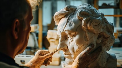 Crafting a Marble Sculpture: Artist Refining Facial Features with Care and Precision