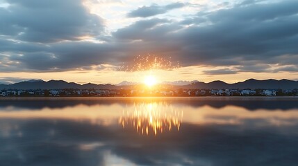 Serene sunset over a tranquil lake reflecting vibrant colors and distant mountains, evoking peace