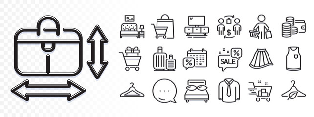 Baggage, Tv stand and Buying process line icons for web app. Glare of light effect. Message icon. Pack of Shopping trolley, Pillows, Wallet pictogram icons. Vector