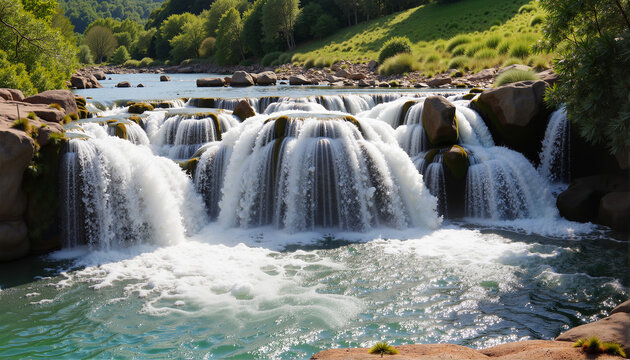 Serene waterfall cascading over rocks in lush green landscape, International World Water Resources Day Theme