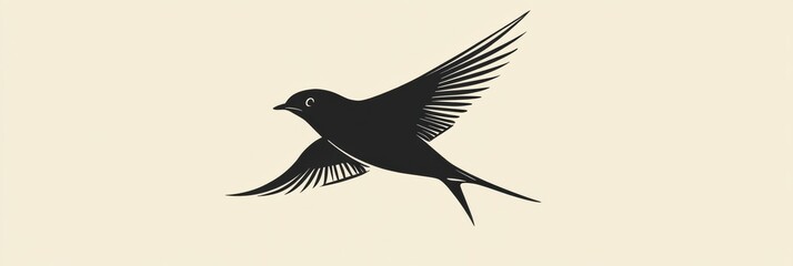 Fototapeta premium Black bird in flight showcasing delicate wings against a simple background. Generative AI
