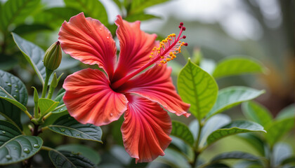 Hibiscus flower blooming vibrantly against lush green foliage, International World Water Resources Day Theme
