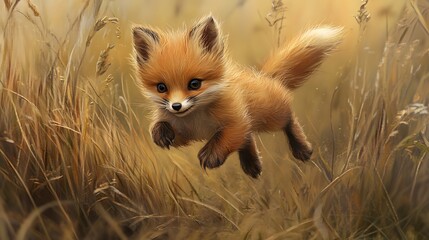 Obraz premium Playful Young Fox Jumping in Golden Grassy Field During Daylight
