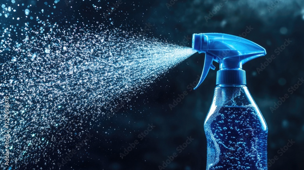 Poster a dynamic shot of a blue spray bottle releasing vibrant water splashes, showcasing its practical use