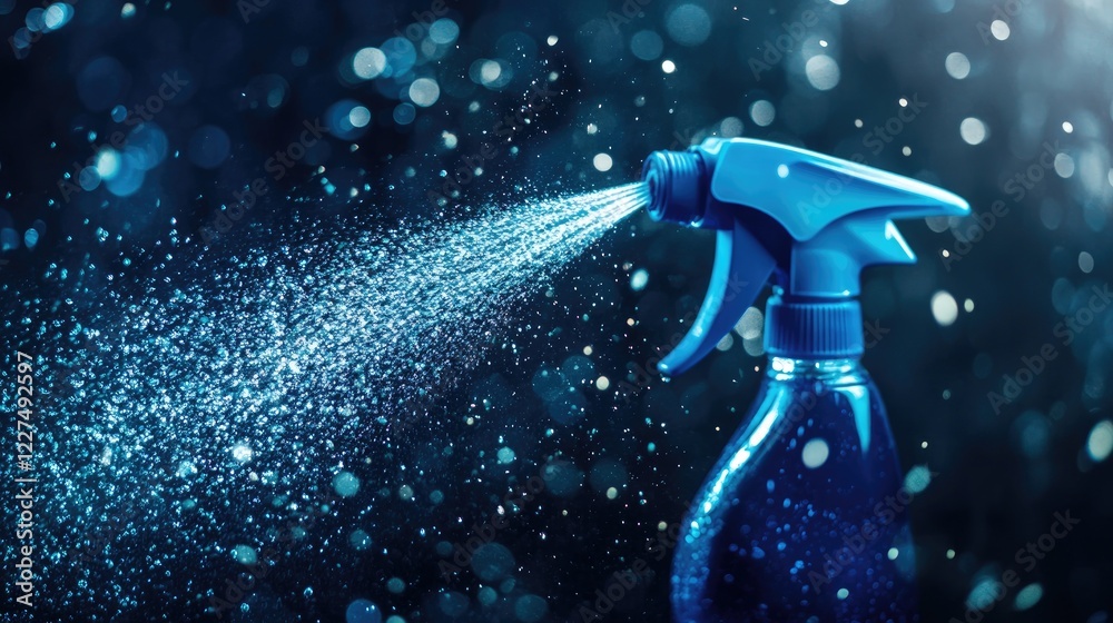 Poster a dynamic shot of a blue spray bottle releasing vibrant water splashes, showcasing its practical use