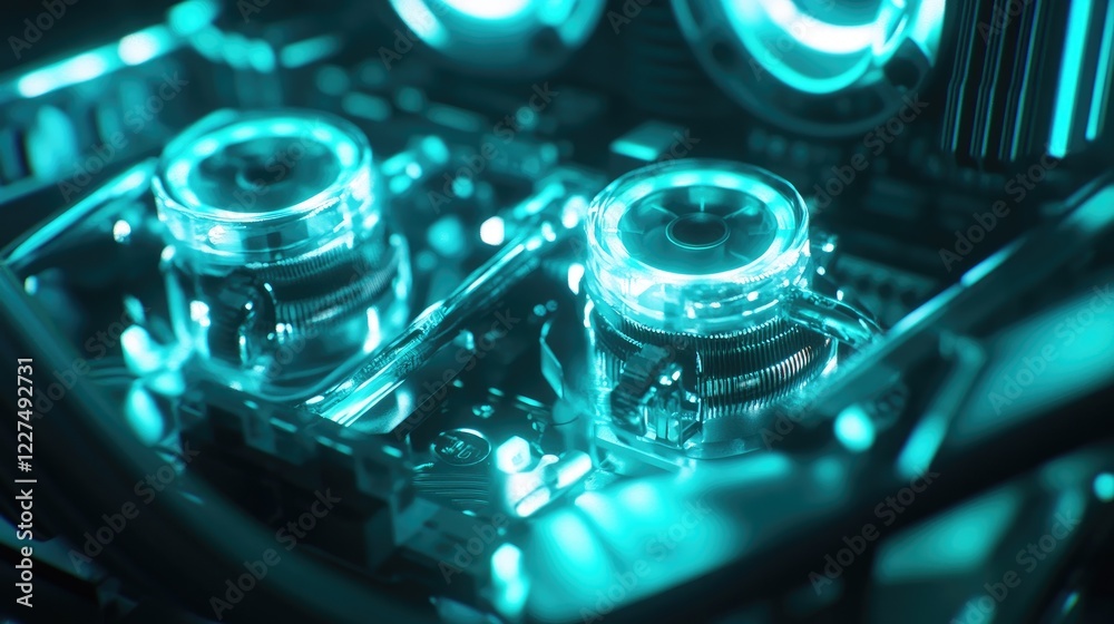Poster A dynamic shot of an RGB-lit cooling system inside a custom PC build, featuring glowing fans and intricate hardware, emphasizing advanced technology and style