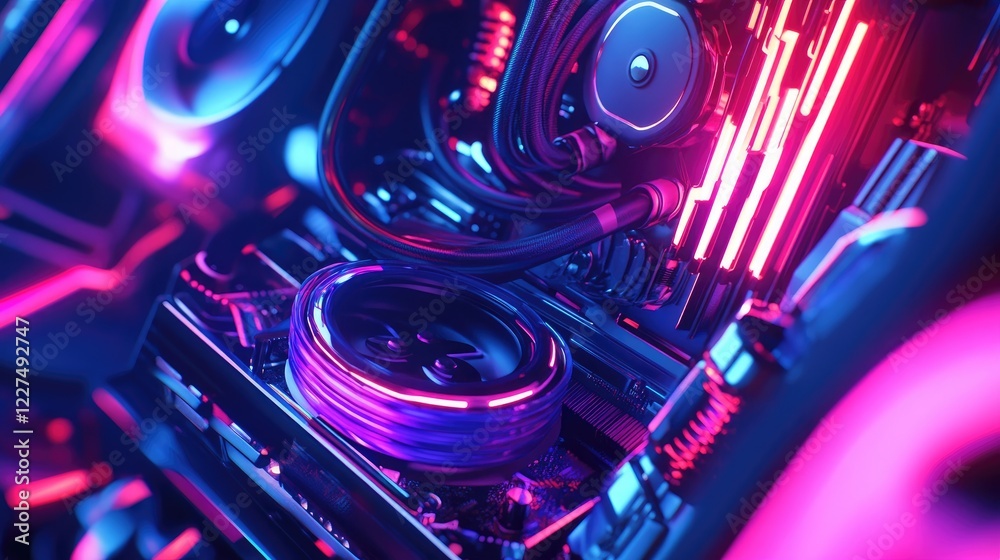 Aufkleber A dynamic shot of an RGB-lit cooling system inside a custom PC build, featuring glowing fans and intricate hardware, emphasizing advanced technology and style