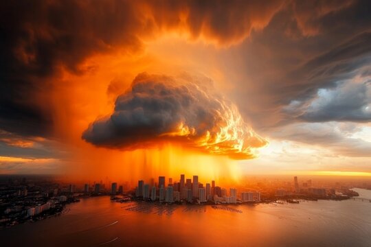 A drastic shift in weather, with a time-lapse showing sunny skies turning into a fierce thunderstorm over the same city