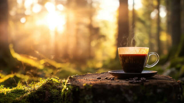 serene outdoor coffee brewing session with steaming cup on log