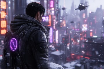A cyberpunk-inspired scene of a lone figure standing dramatically on a neon-lit rooftop, overlooking a chaotic city with glowing advertisements and flying vehicles