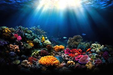 Fototapeta premium Dive into the mesmerizing world of a thriving coral reef, bursting with colors and life.