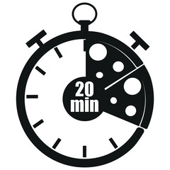
original black and white icon for delivery service with a stopwatch dial and pizza slices and 20 minutes signaling the time of delivery of products, for posters, banners or stickers