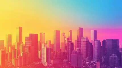 Fototapeta premium Vibrant City Skyline with Colorful Sunset Over Modern Urban Landscape