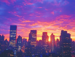 Fototapeta premium Cinematic skyline sunset urban cityscape evening glow vibrant atmosphere wide angle view cinematic background