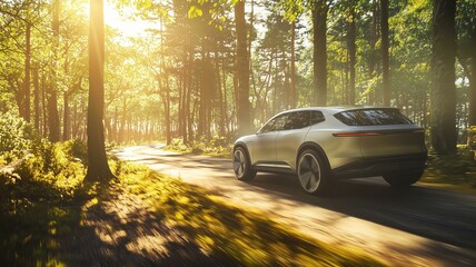 Fototapeta premium Ultra-realistic shot of electric SUV driving on a forest road with sunlight filtering through the trees 