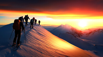 A group of adventurers traverses a snow-covered mountain ridge, basking in the golden hues of a breathtaking sunset, capturing the essence of winter exploration and camaraderie.