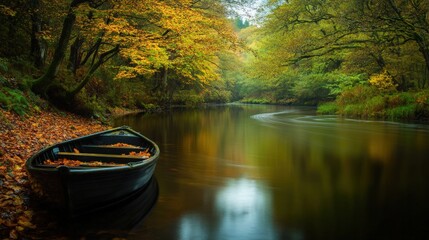 Fototapeta premium A peaceful autumn scene with a calm river and a small boat by the shore surrounded by colorful trees and leaves.