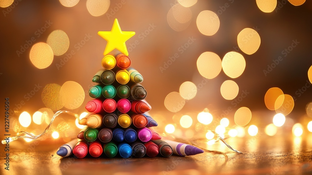 Poster a festive stack of colorful crayons in the shape of a christmas tree, topped with a bright yellow st