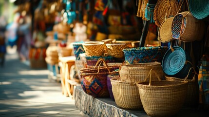 Fototapeta premium Colorful woven baskets displayed on a market street in sunlight, showcasing vibrant designs and artisanal craft.