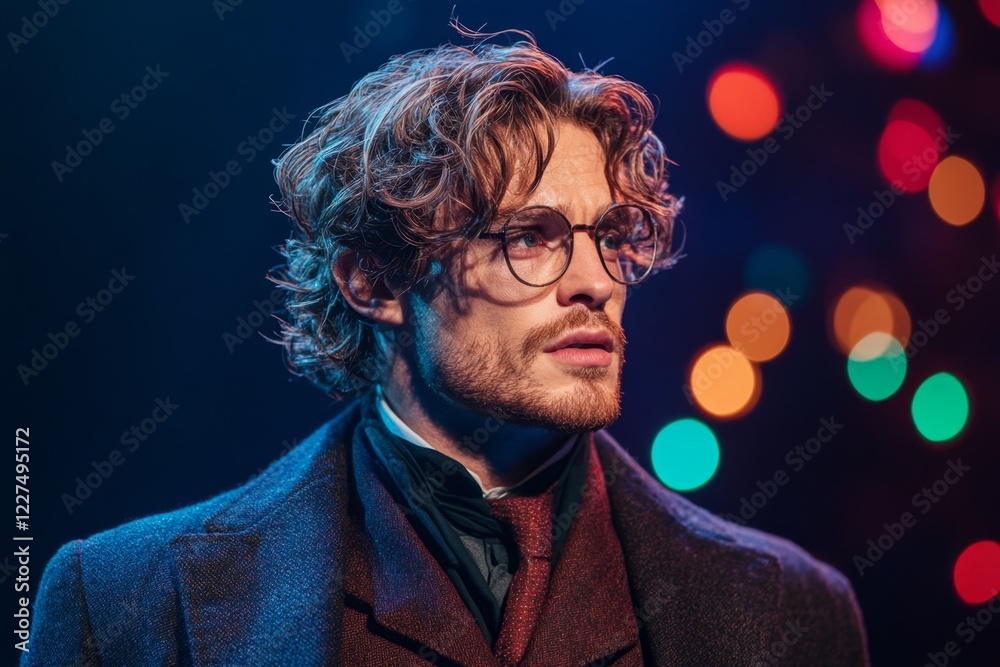 Poster a dramatic close-up of an actor on stage, captured mid-monologue with intense expressions and a spot