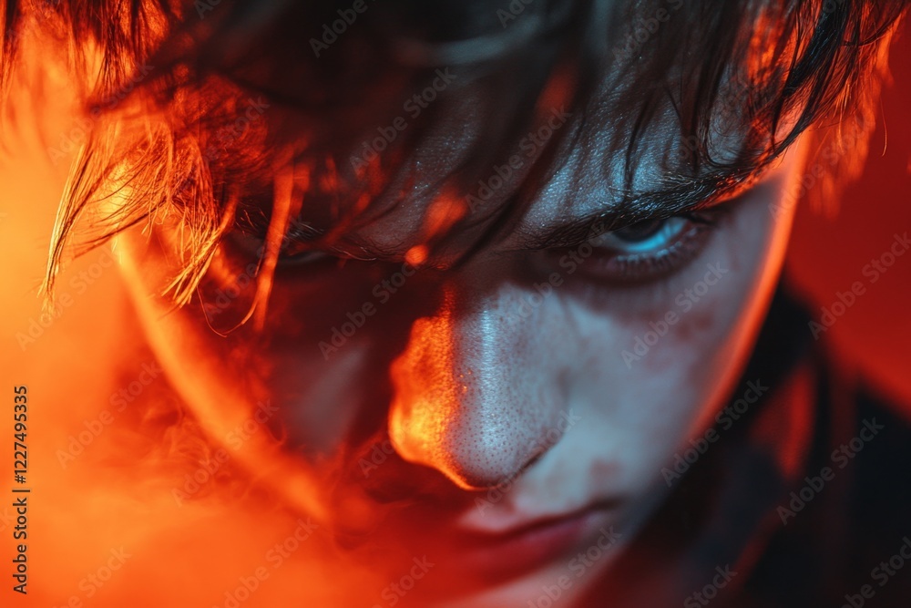 Poster a dramatic close-up of an actor on stage, captured mid-monologue with intense expressions and a spot