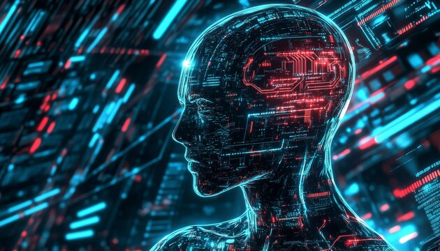 Tech humanoid artificial intelligence neon background