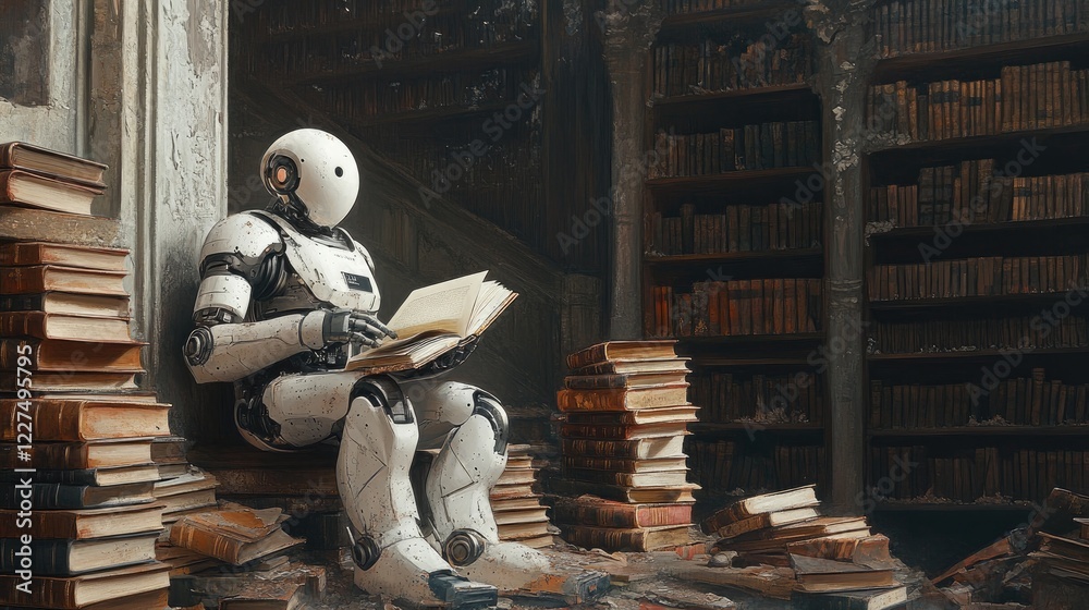 Poster a futuristic robot carefully inspecting books in an abandoned library, surrounded by stacks of aged 