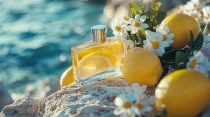 A fresh citrus perfume bottle resting on a beach stone, with fresh lemons and blooming flowers, symbolizing natural beauty and refreshing scents
