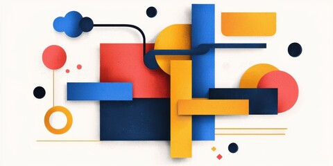 Obraz premium A vibrant abstract composition featuring geometric shapes in blue, yellow, red, and black on a light background.
