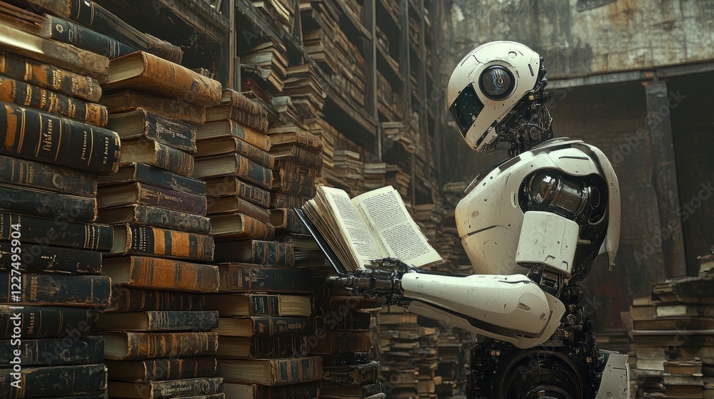 Poster a futuristic robot carefully inspecting books in an abandoned library, surrounded by stacks of aged 