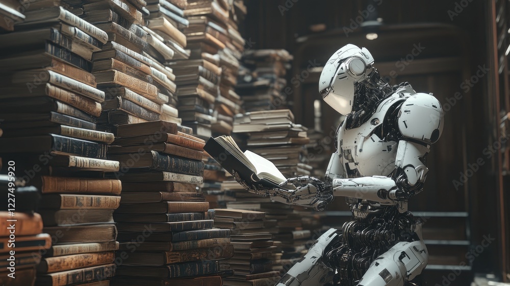 Poster a futuristic robot carefully inspecting books in an abandoned library, surrounded by stacks of aged 