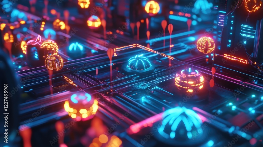 Poster A futuristic scene showing multiple interconnected devices with glowing data nodes and symbols, representing a seamless flow of information across technologies
