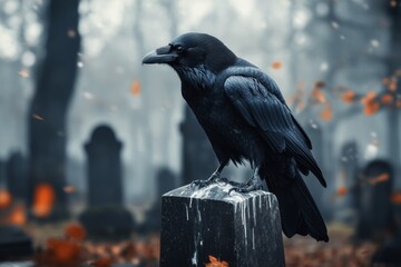 A dramatic image of a lone raven perched on a crumbling tombstone in a misty graveyard, its presence especially striking against the desolate scene