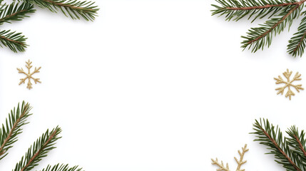 Christmas gold frame, pine branches and snowflakes, transparent background, red and gold accents, for holiday cards or digital banners