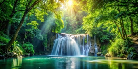 waterfall amidst lush greenery, with sunlight filtering through trees, creating dappled shade and reflecting off rippling water, natural wonder, serene spot