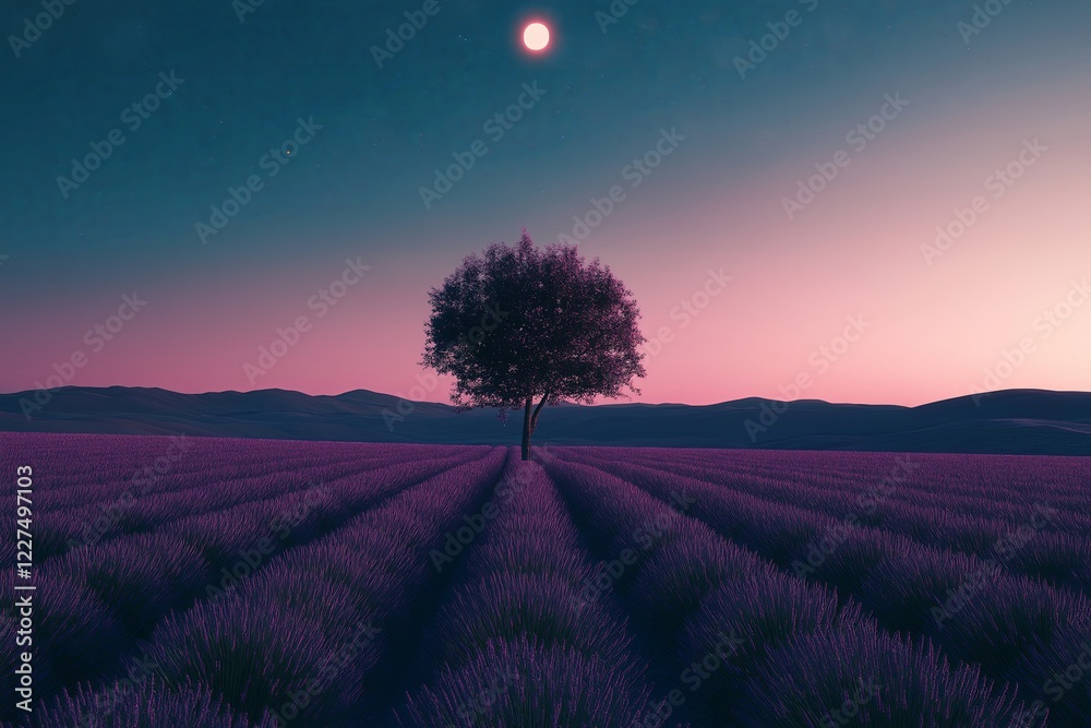 Poster A single tree in the middle of an endless lavender field 