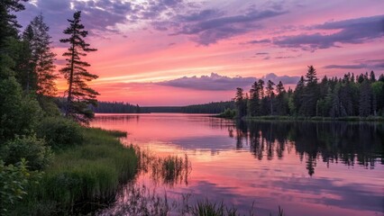 Fototapeta premium Softly glowing pink and lavender hues dance across the waves as the sun sets over a tranquil forest lake, water, lake, landscape, serene