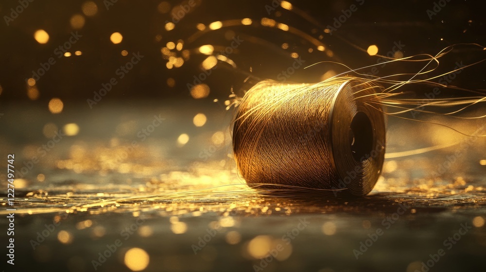 Poster a golden thread spool unwinding in a tangled mess, capturing the elegance of the shining thread amid