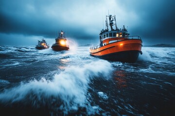 A dramatic scene of stormy waters disrupting a once-calm harbor, with boats rocking violently in the waves