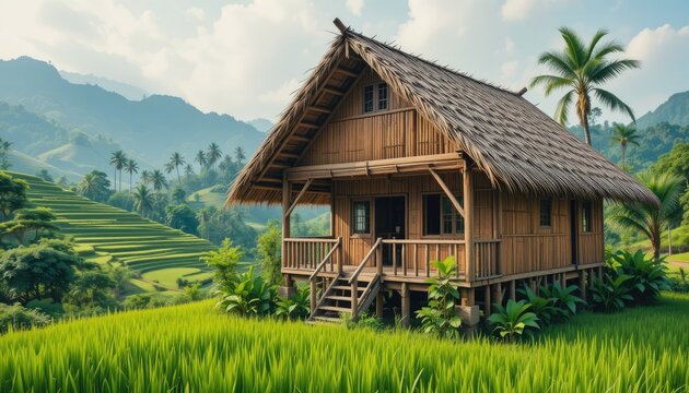 A vibrant Filipino bahay kubo (nipa hut) with a thatched roof, standing amidst lush greenery and rice terraces in the Philippines