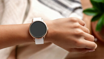 blank round smart watch on wrist, empty screen smart watch mockup
