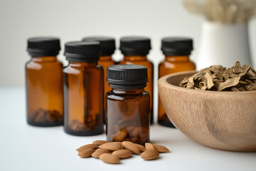 Brown glass bottles with dried herbs in wooden bowl for natural supplement preparation